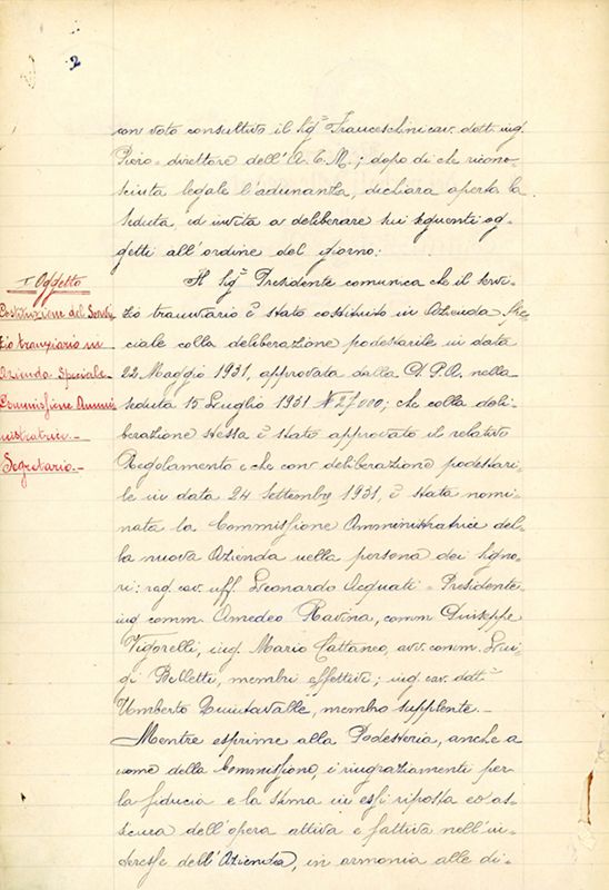 Stralcio del verbale della prima seduta straordinaria della Commissione Amministratrice della neonata Azienda Tranviaria Municipale, 21 ottobre 1931, pag.2.