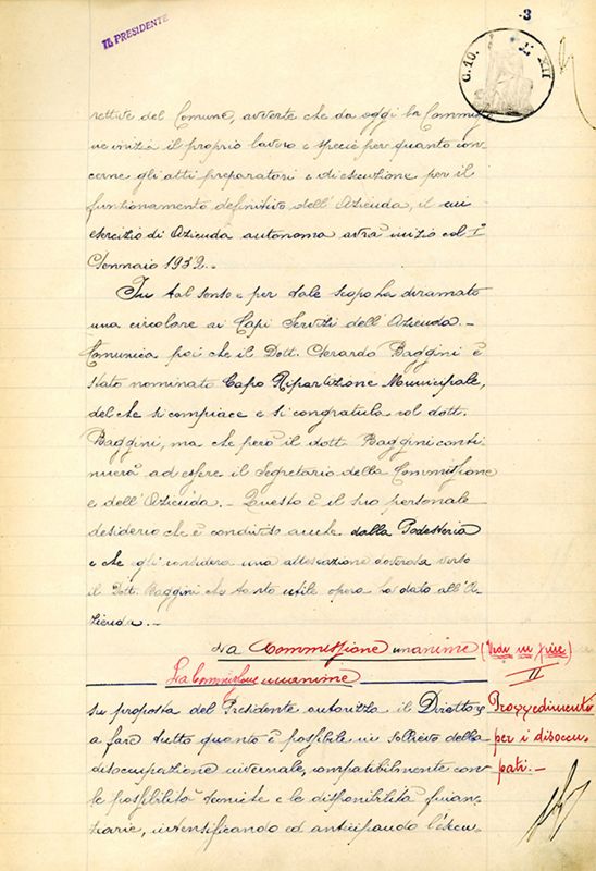 Stralcio del verbale della prima seduta straordinaria della Commissione Amministratrice della neonata Azienda Tranviaria Municipale, 21 ottobre 1931, pag.3.