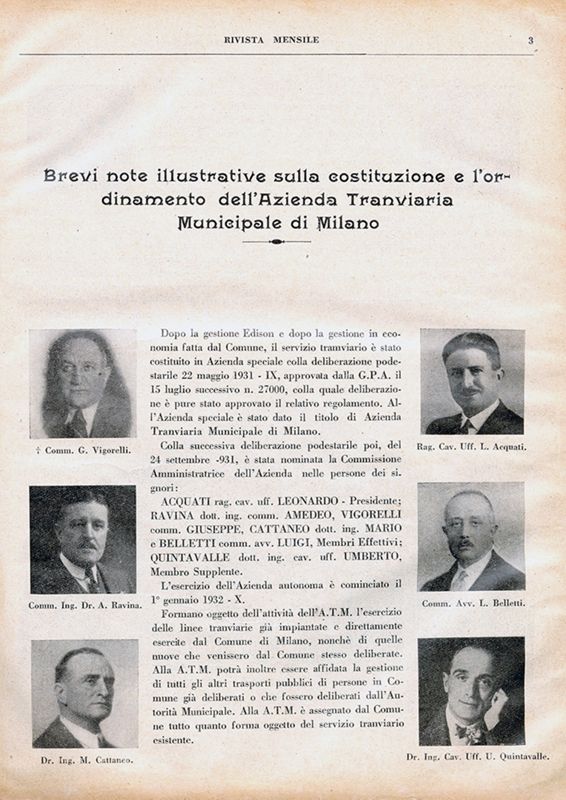 "Brevi note illustrative sulla costituzione e l'ordinamento dell'Azienda Tranviaria Municipale di Milano"- Rivista Mensile, numero 1, aprile 1932, pag.3.