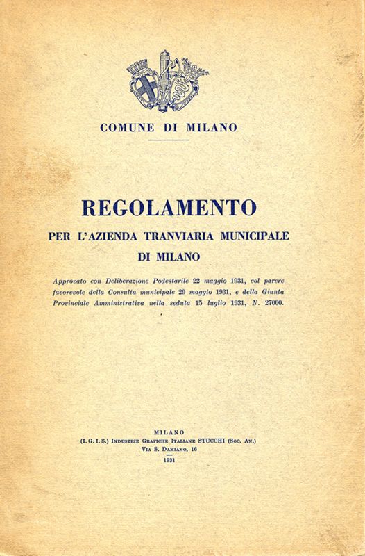 Copertina del "Regolamento per l'Azienda Tranviaria Municipale di Milano", 1931.