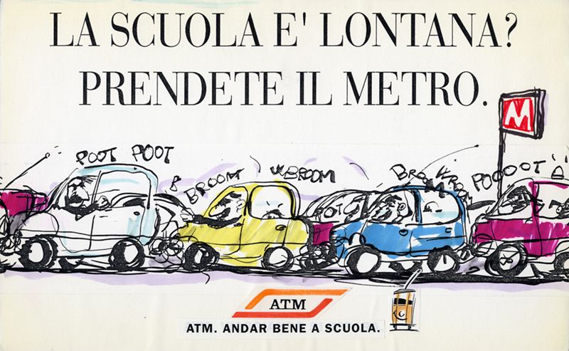 Uno dei bozzetti della campagna "Andar bene a scuola", 1994.