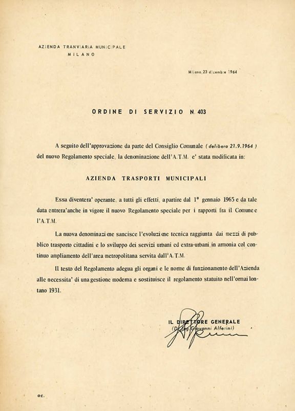 Cambio di denominazione in "Azienda Trasporti Municipali", ordine di servizio n. 403 del 23 dicembre 1964.