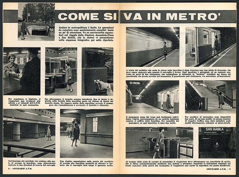 "Come si va in metrò": articolo sul corretto uso della metropolitana pubblicato sul "Notiziario ATM" numero 91, settembre-ottobre 1964.