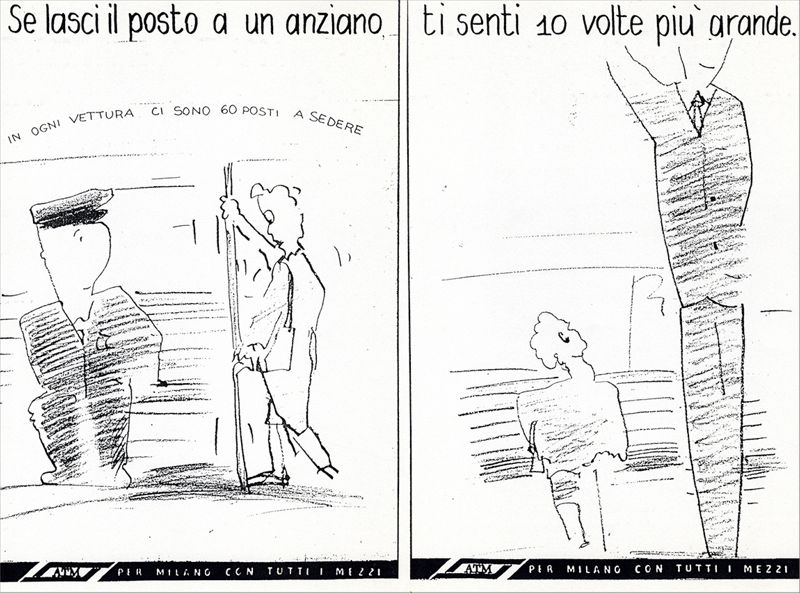 Uno dei bozzetti della campagna "Per Milano con tutti i mezzi" con il personaggio di Attilio Tranviere Milanese, 1986.