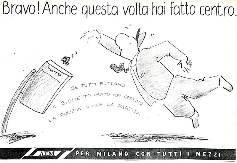 Uno dei bozzetti della campagna "Per Milano con tutti i mezzi" con il personaggio di Attilio Tranviere Milanese, 1986.