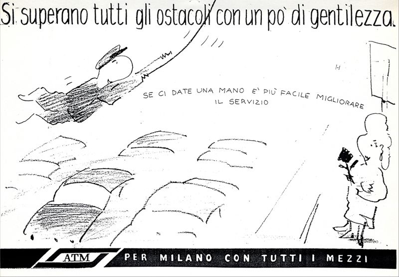 Uno dei bozzetti della campagna "Per Milano con tutti i mezzi" con il personaggio di Attilio Tranviere Milanese, 1986.