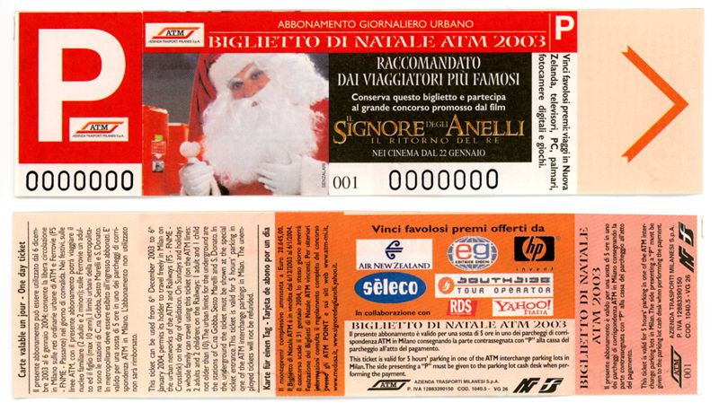 "Biglietto di Natale ATM. Raccomandato dai viaggiatori più famosi" - abbonamento giornaliero, 2003 "Biglietto di Natale ATM. Raccomandato dai viaggiatori più famosi" - abbonamento giornaliero, 2003