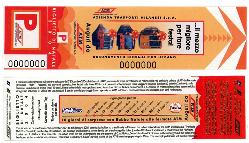 "Che tu sia su o giù Buone Feste da ATM ... il mezzo migliore per fare festa!" - abbonamento giornaliero, 2004 "Che tu sia su o giù Buone Feste da ATM ... il mezzo migliore per fare festa!" - abbonamento giornaliero, 2004