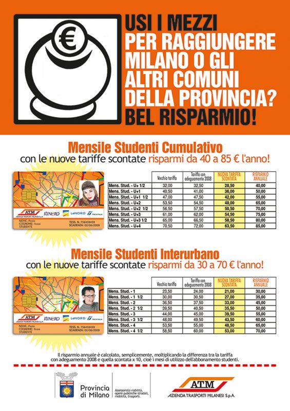 "Usi i mezzi per raggiungere Milano o gli altri Comuni della provincia? Bel risparmio!", 2008 "Usi i mezzi per raggiungere Milano o gli altri Comuni della provincia? Bel risparmio!", 2008