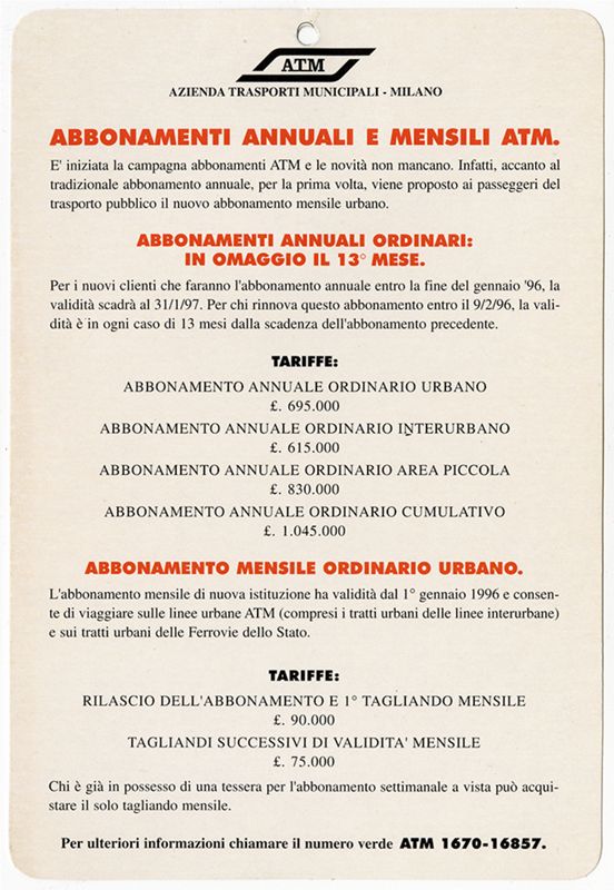 "L'alta fedeltà all'ATM regala abbonamenti alla Centrale del Latte."- retro, 1996 "L'alta fedeltà all'ATM regala abbonamenti alla Centrale del Latte."- retro, 1996